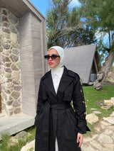 Buttoned Gabardine Coat - Black