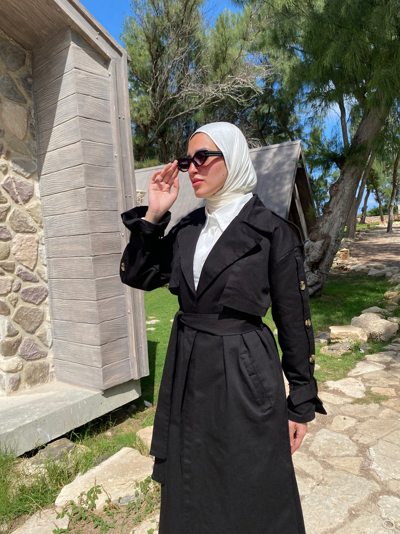 Buttoned Gabardine Coat - Black