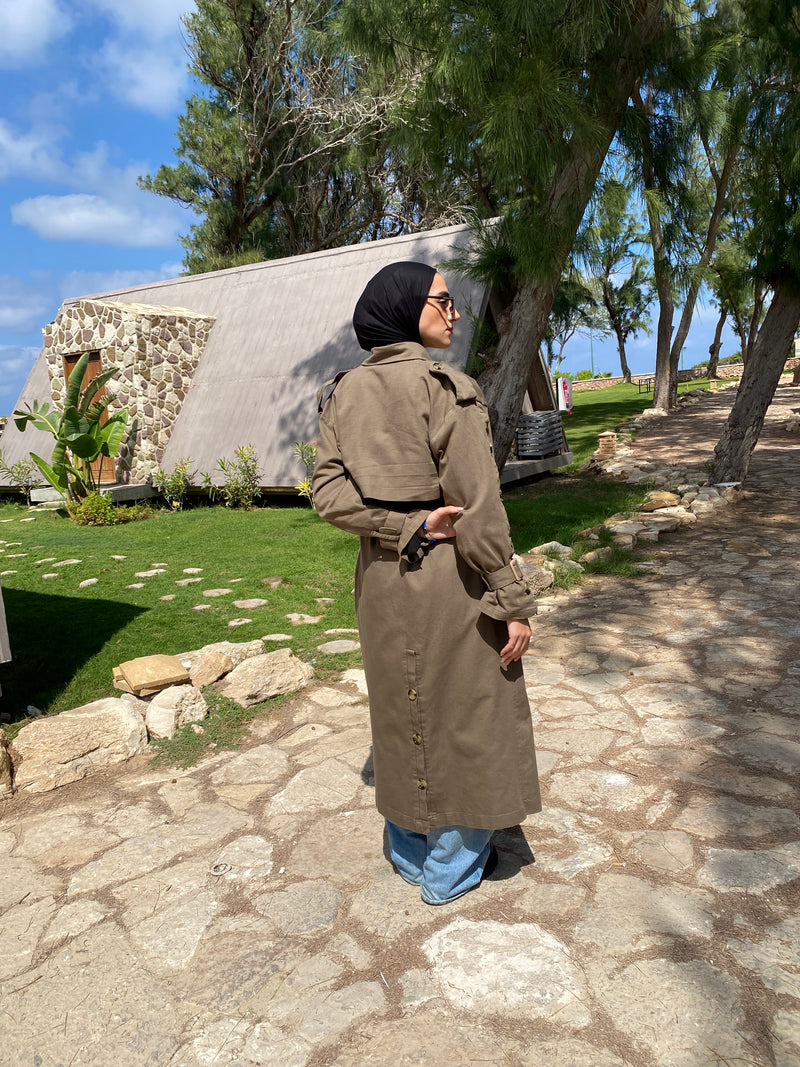 Buttoned Gabardine Coat - Olive