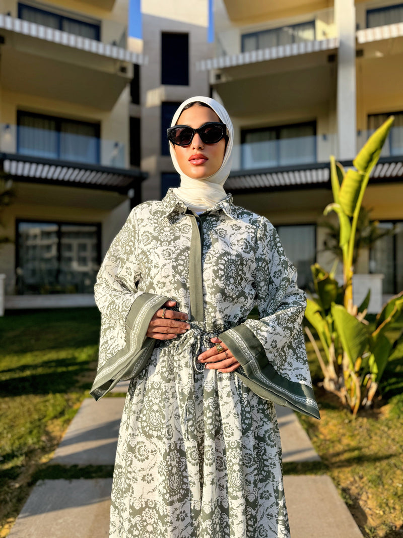 Floral Linen Dress - Olive