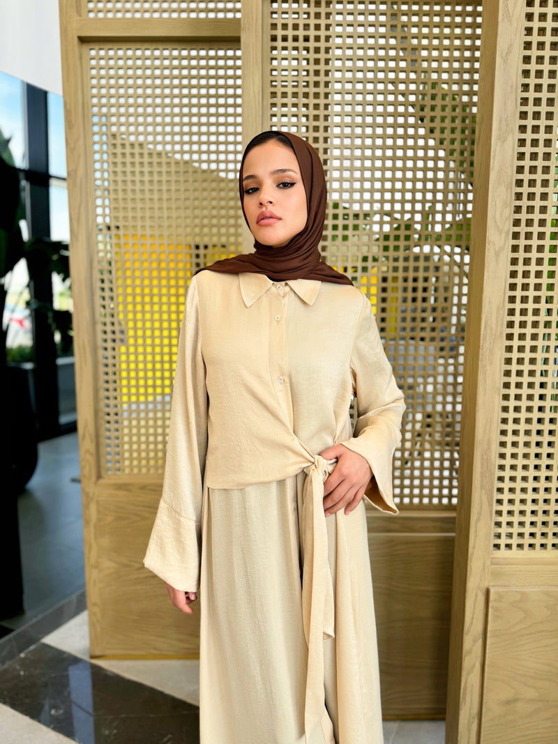 Overlap Tie Satin Dress - Beige