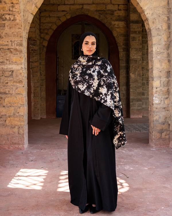 Linen Abaya With Lace scarf - Black