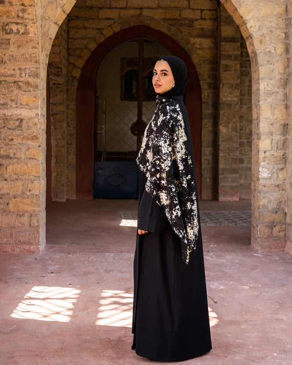 Linen Abaya With Lace scarf - Black