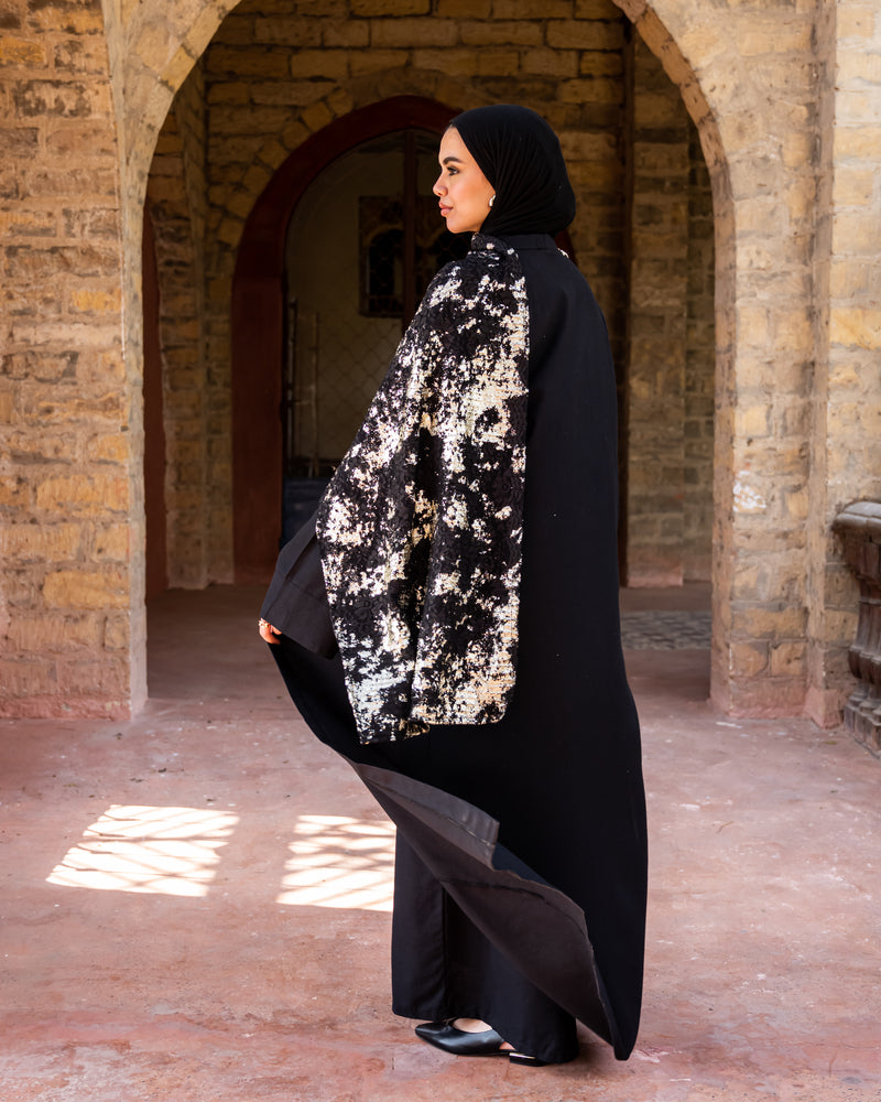 Linen Abaya With Lace scarf - Black