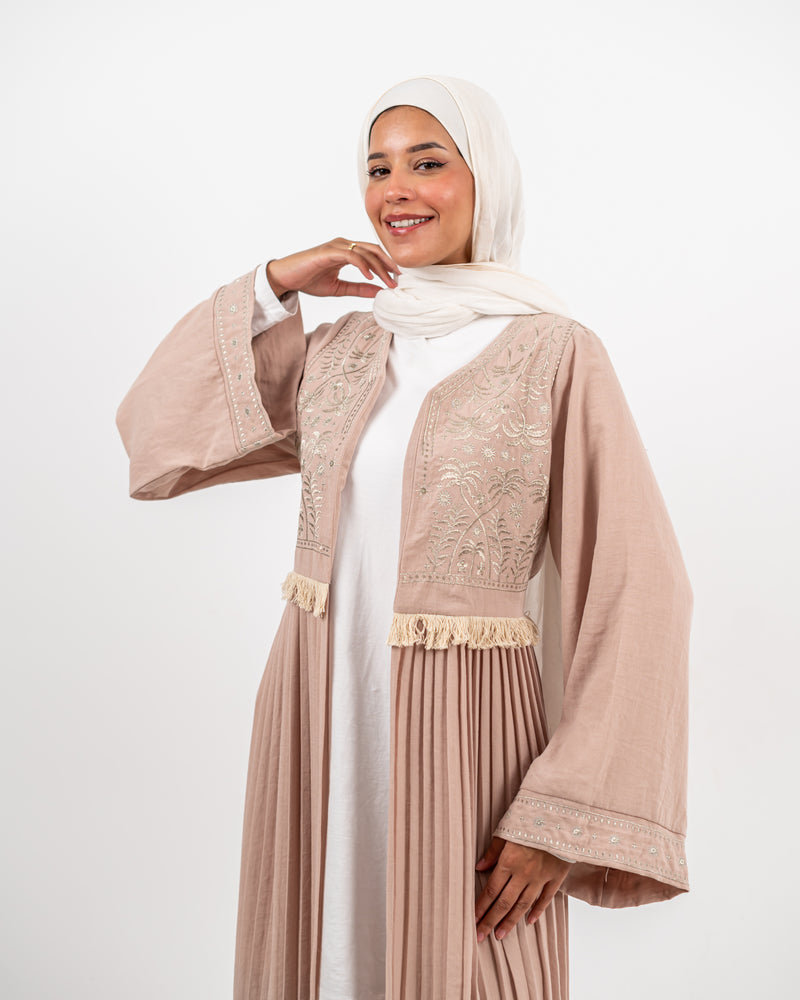 Linen Embroidered Cardigan - Beige