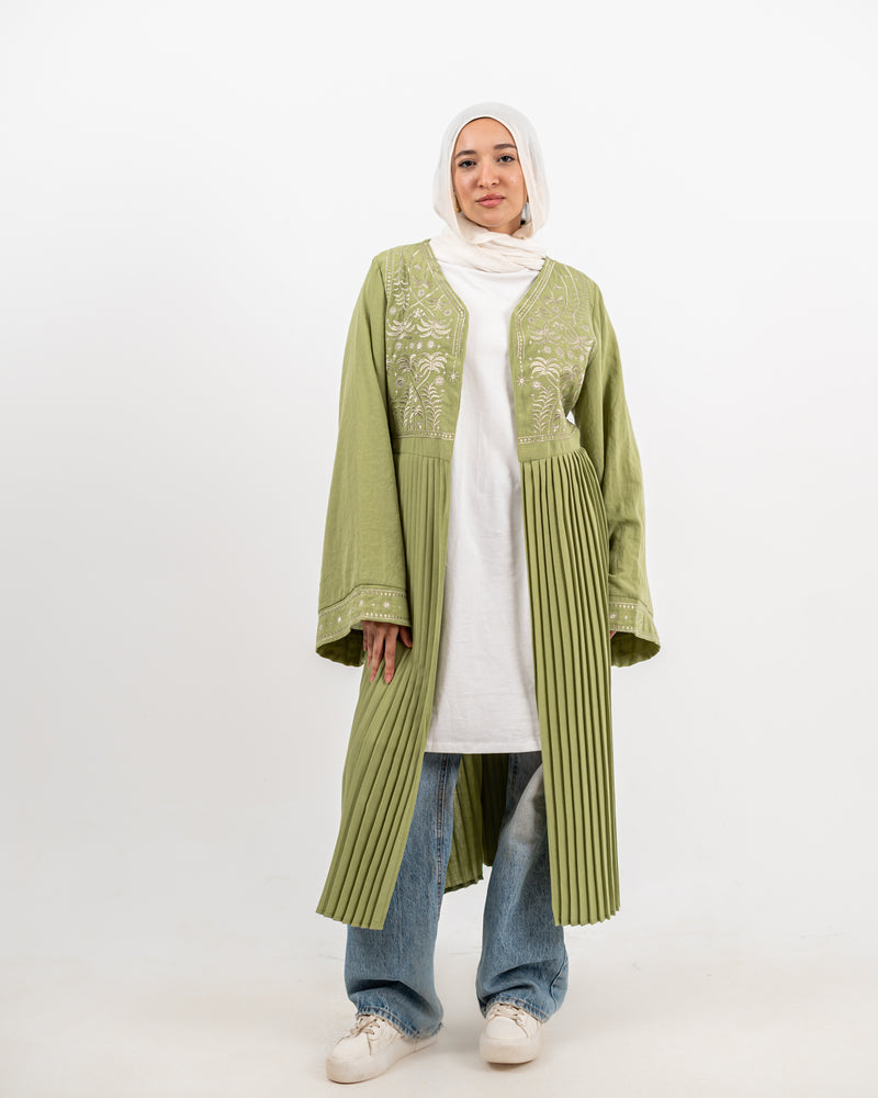 Linen Embroidered Cardigan - Olive