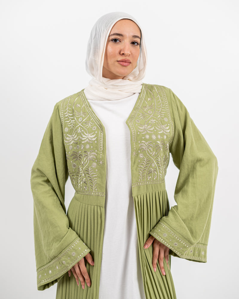 Linen Embroidered Cardigan - Olive