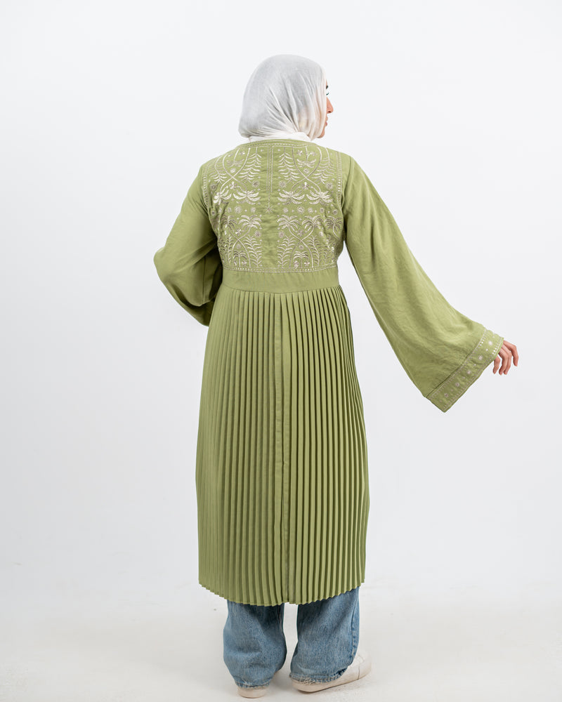 Linen Embroidered Cardigan - Olive