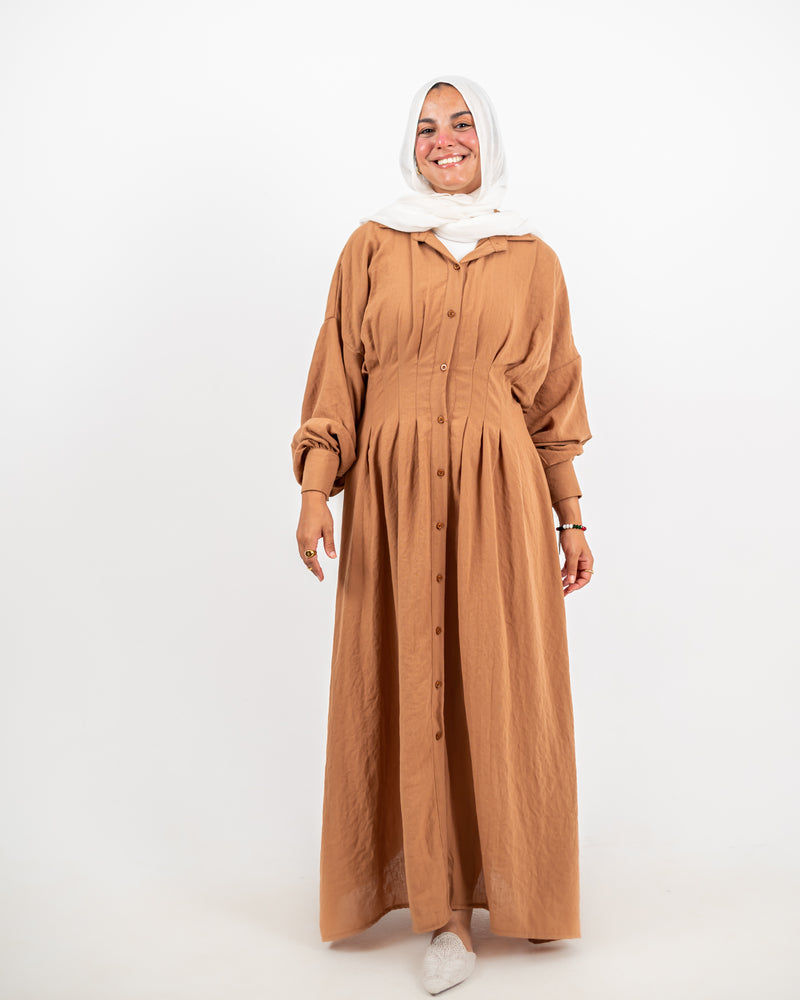 Linen Seamed Dress - Brown