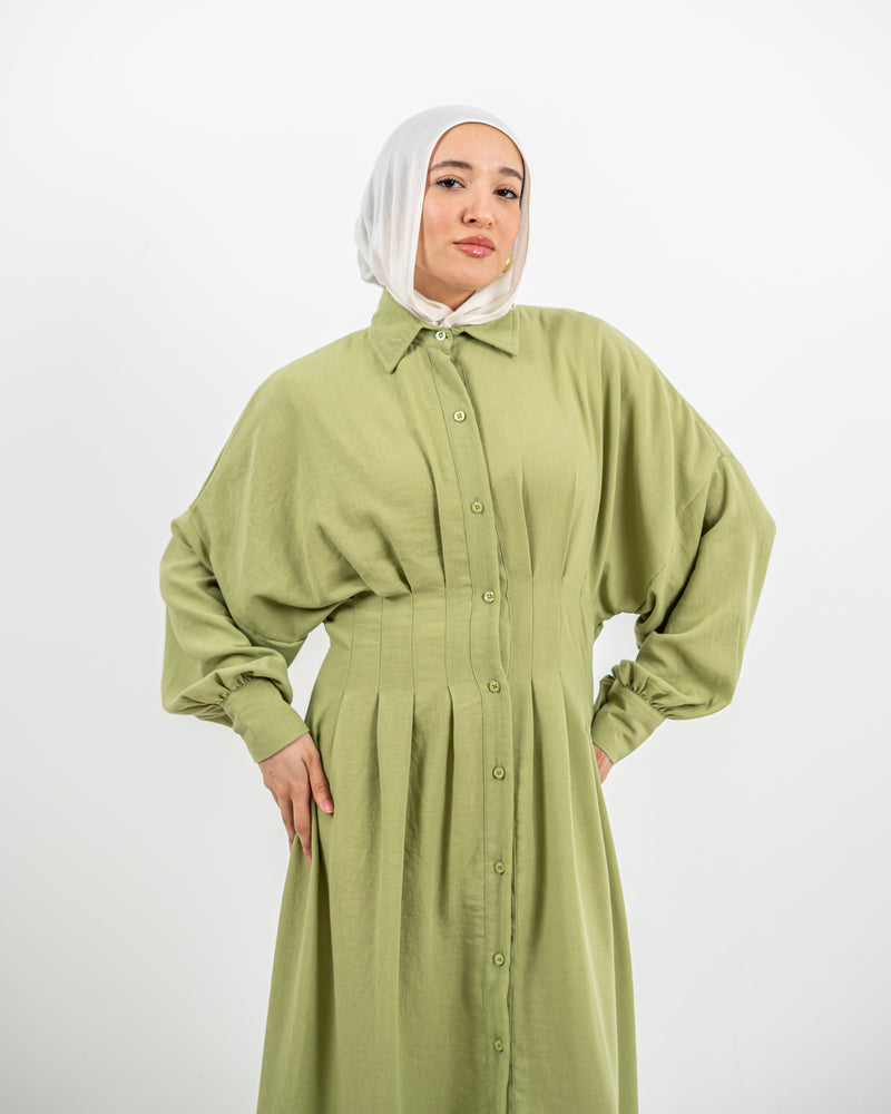 Linen Seamed Dress - Lime