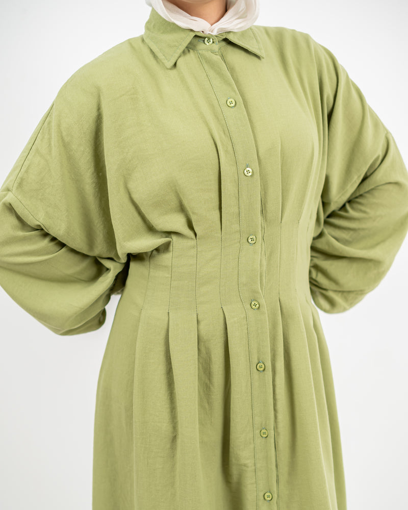 Linen Seamed Dress - Lime