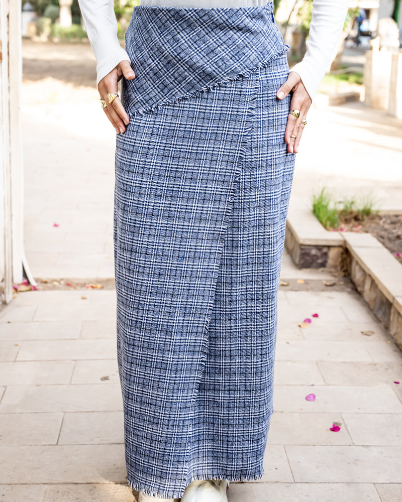 Plaid Fringed Skirt - Blue