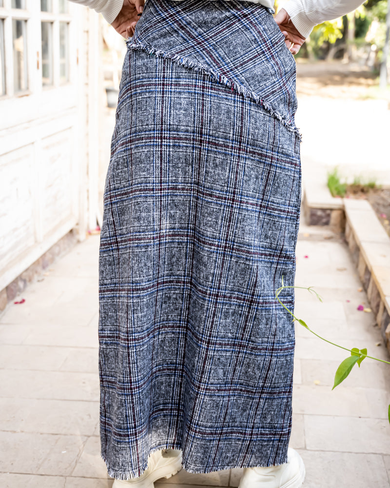 Plaid Fringed Skirt - Grey