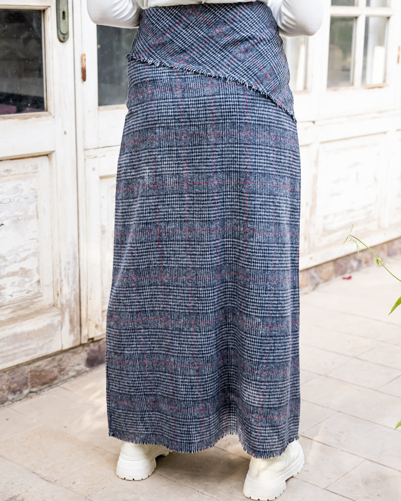 Plaid Fringed Skirt - Navy*Red