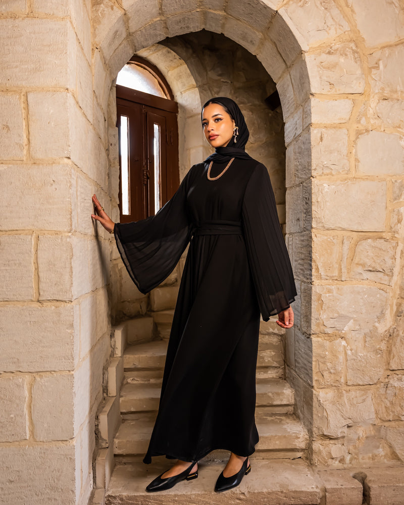 Pleated Chiffon Sleeves Abaya - Black