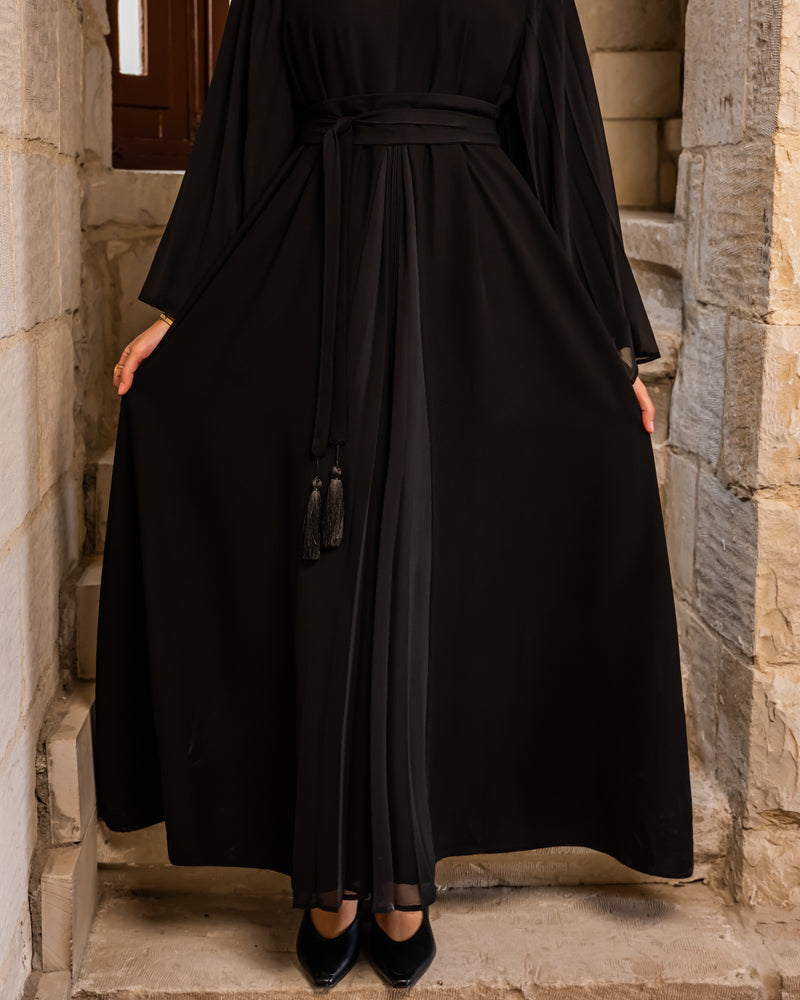 Pleated Chiffon Sleeves Abaya - Black