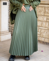 Pleated Leather Skirt - Olive