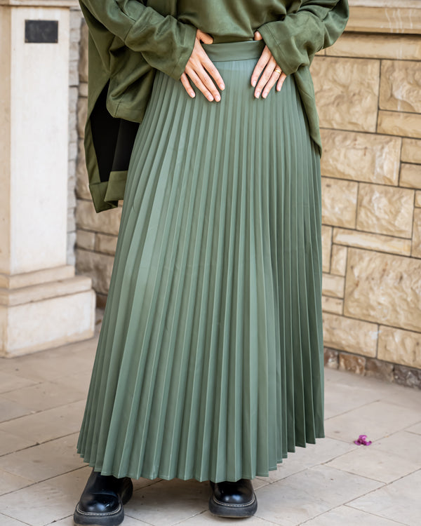 Pleated Leather Skirt - Olive