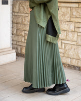 Pleated Leather Skirt - Olive