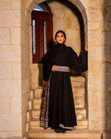 Printed Wrap Belt Abaya - Black