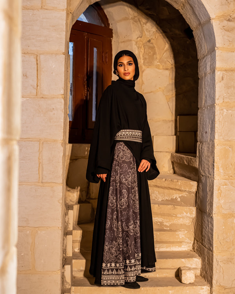 Printed Wrap Belt Abaya - Black