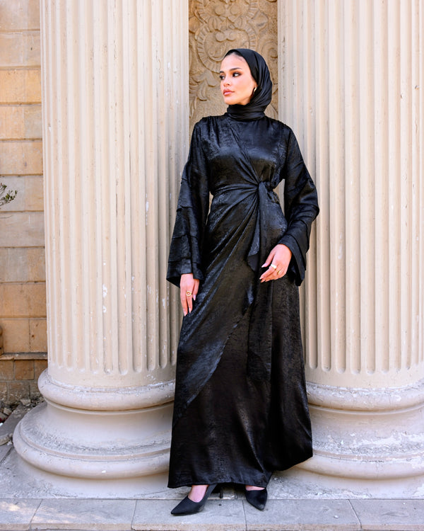 Shiny Pleated Sleeves Dress - Black