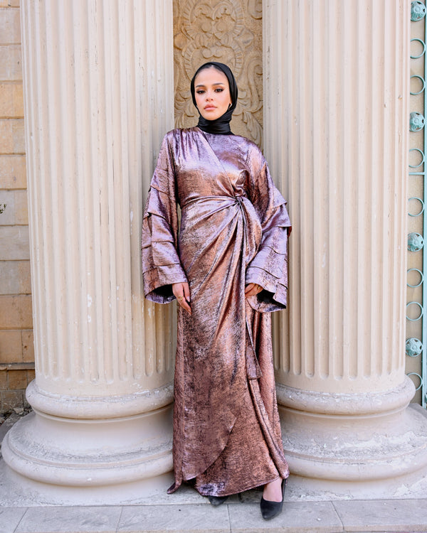 Shiny Pleated Sleeves Dress - Rose Gold