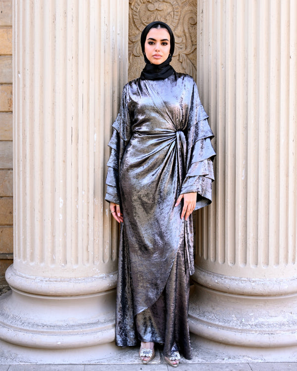 Shiny Pleated Sleeves Dress - Silver