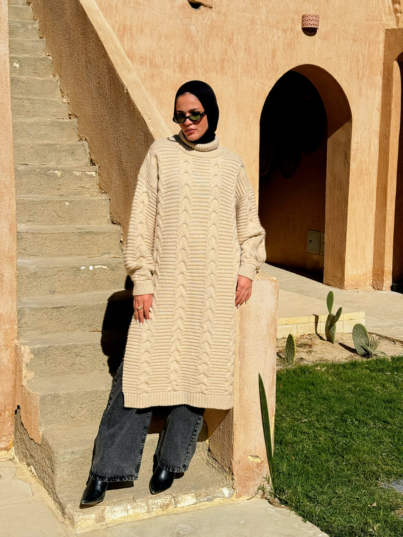 Textured Long Pullover - Beige