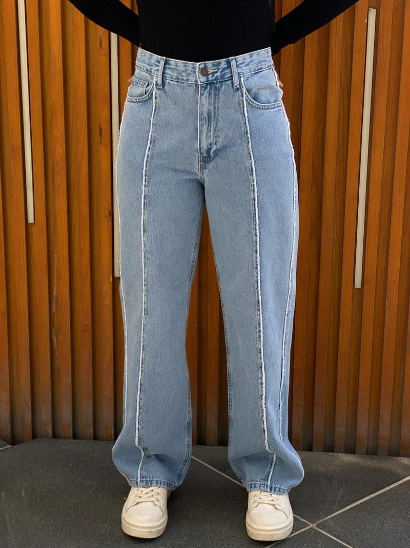 Denim Fringed Pants-Blue